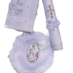 White 4pcs First Communion Candle Set with Decorative Elements and  Ivory Candle in Box