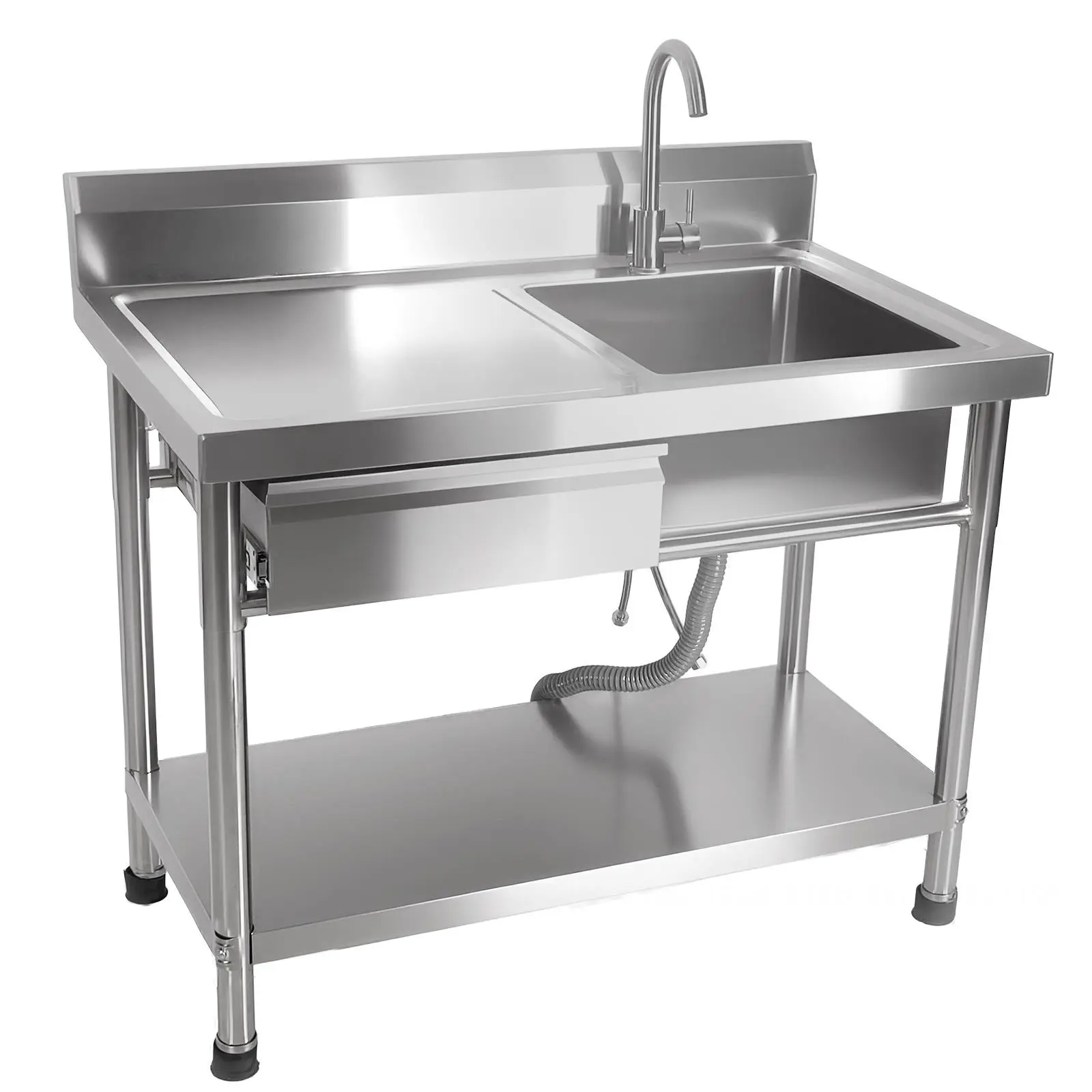 40” W x 30.7” H x 23.65” D Stainless Steel Rectangle Utility Sink, Free-Standing Single Bowl Workbench with Drawer Storage, Cold & Hot Water Pipes, 360° Faucet for Laundry Room, Garden, Easy to Clean Home Improvement Fixture, Commercial Restaurant