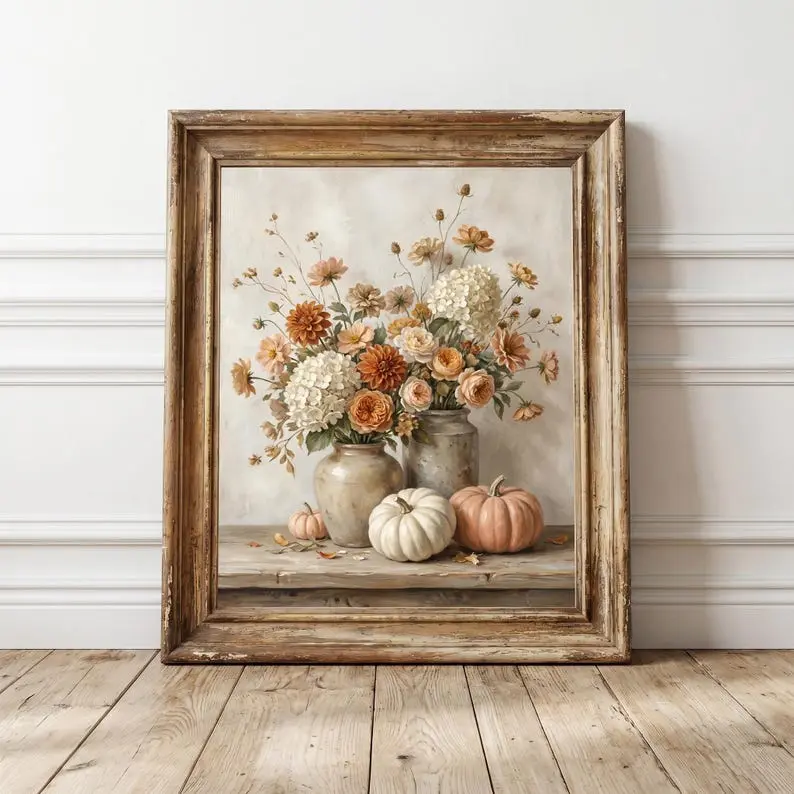 Vintage Pumpkin Floral Wall Art, Autumn Still Life Print, Cottagecore Fall Decor, Rustic Thanksgiving Printable|Frameless Poster