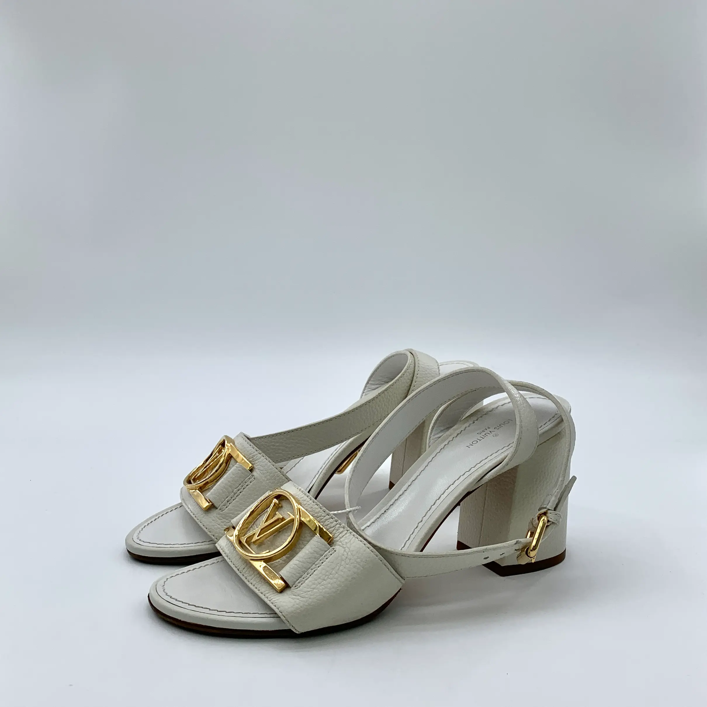 RDLT-Louis Vuitton Lock It White Logo Strap Block Heel Sandals Size 39-X35431