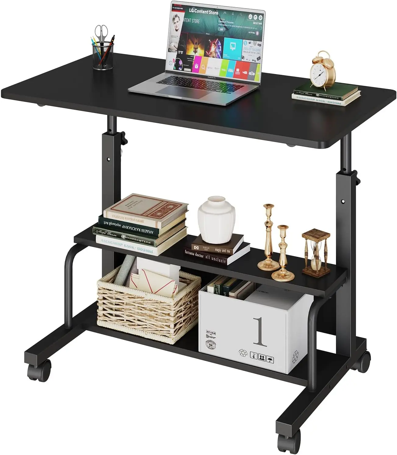 31.5 Inch Adjustable Height Rolling Computer Desk with Storage, Portable Wheeled Gaming Work Table for Small Space Bedroom Home Office