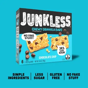 JUNKLESS Chewy Granola Bars Chocolate Chip Simple Ingredients Less Sugar Gluten Free No Fake Stuff