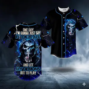 ONE DAY I’M GONNA JUST SAY FK IT ALL AND LET MY DEMONS OUT TO PLAY Baseball Jersey – Grim Reaper Skull Shirt – Gothic Streetwear – Horror Flame Jersey for Men Women
