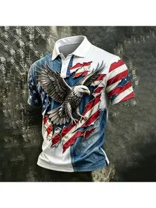 1776-2026 American Patriotic Memorial Button Polo Shirt, Casual Sports Tops, Sports Short Sleeve Fitted Casual All over Print, Ideal for Spring Summer Fall Outdoor Activities