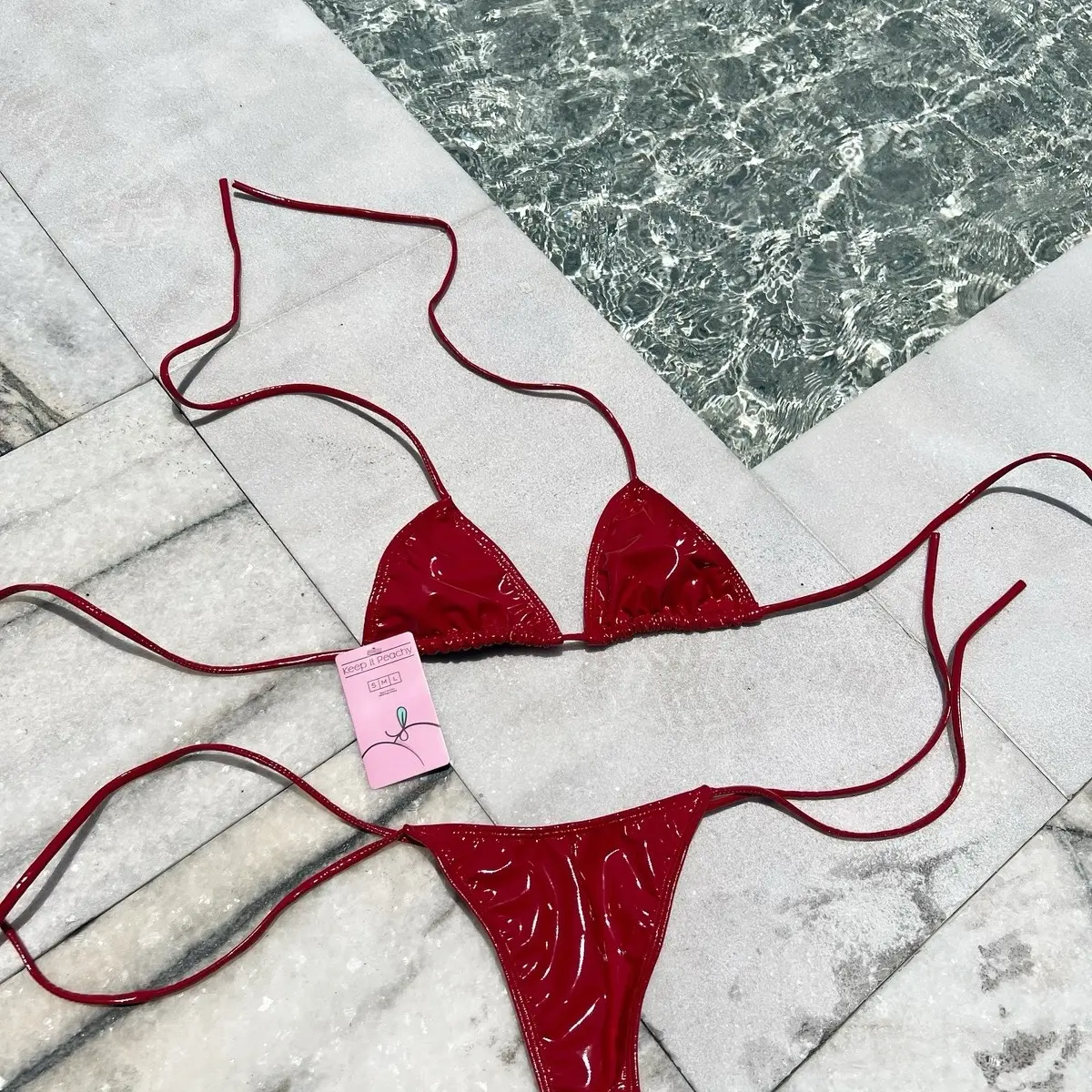 Red Latex Thong Bikini