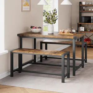 Garvee Space-Saving 3-Piece Dining Table Set for 4-6 with Modern Rectangular Design, Includes 2 Metal Wood Benches and Durable H-Shaped Frame, Perfect for Apartments, Studios, Small Kitchens, and Breakfast Nooks in Gray and Retro Black
