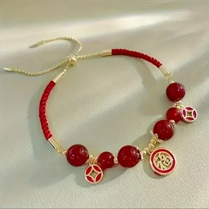 18K Golden Plated Elegant Red Beaded Charm Bracelet - Versatile Woven Drawstring Design for Everyday & Party Wear