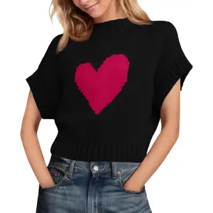 Saodimallsu Womens Cap Sleeve Cropped Sweater Mock Neck Cute Heart Loose Valentine Knit Tank Tops