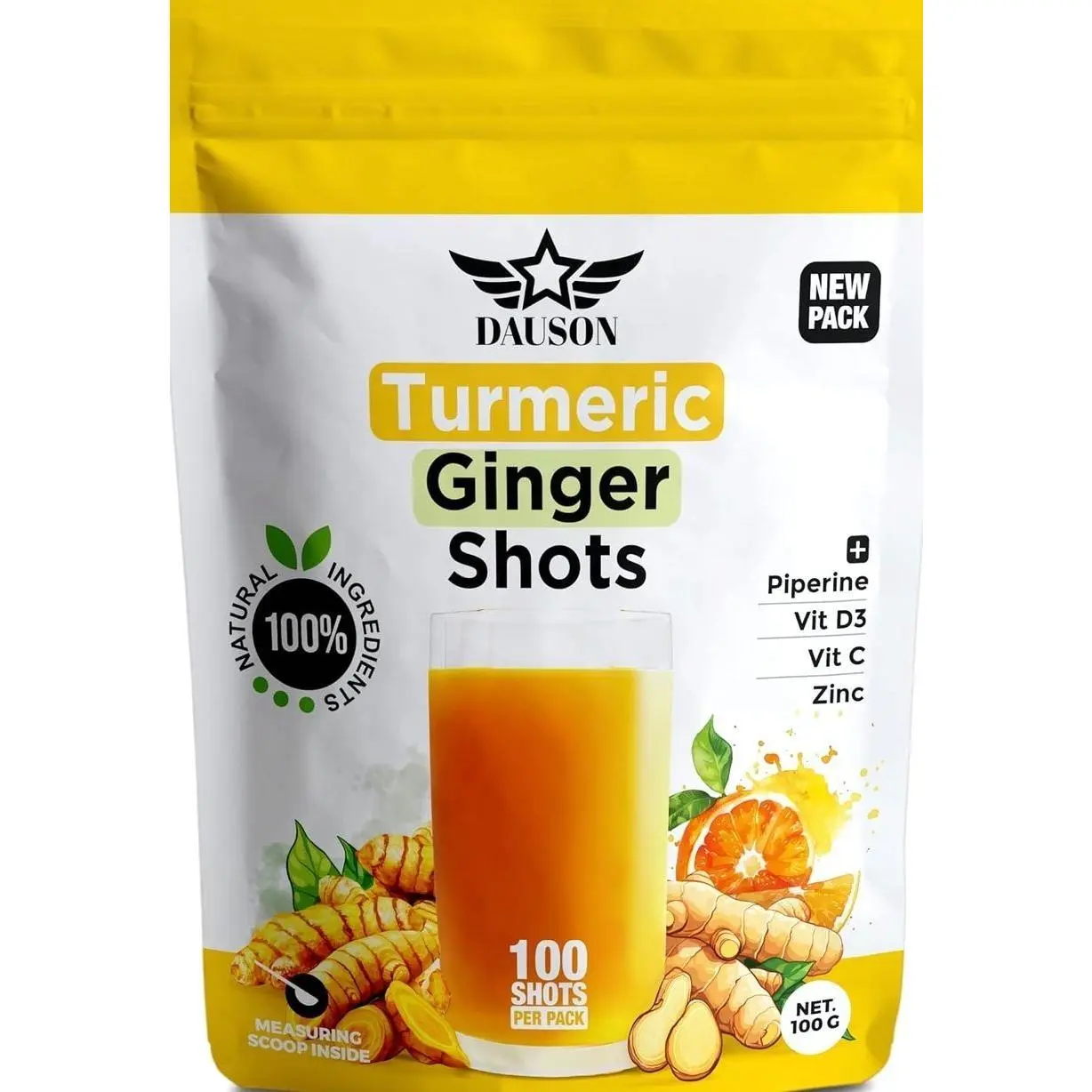Turmeric Ginger Supplements with Piperine, Vitamin C, Vitamin D3 & Zinc | 100 Servings of Ginger Turmeric Shots for Joint, Heart, Brain, Gut & Skin Health | Ayurved | Powder