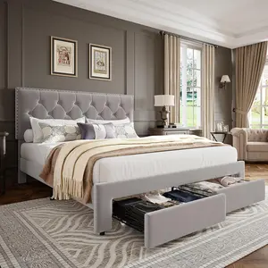 Full Size Bed Frame with 2 Storage Drawers, Beige Vintage Velvet Upholstered Bedframe with Button Tufted Wingback Headboard, Wooden Slat Support, Noise Free, No Box Spring Needed