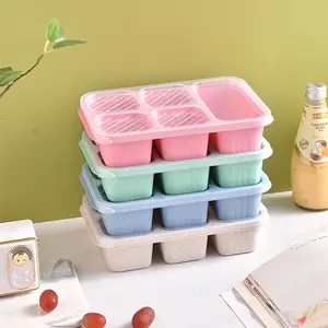 Wheat Straw Bento Box, Multi-Color 5 Compartment Transparent Lid Lunch Container, Leakproof Microwave Safe, Ideal for Office Workers & Students