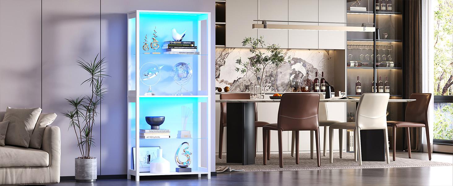 BROTTAR Open Display Cabinet with Glass Shelves, 4-Tier Display Shelf with LED Lights, Glass Display Case with Removable Shelves, Curio Cabinet for Collectibles, Black