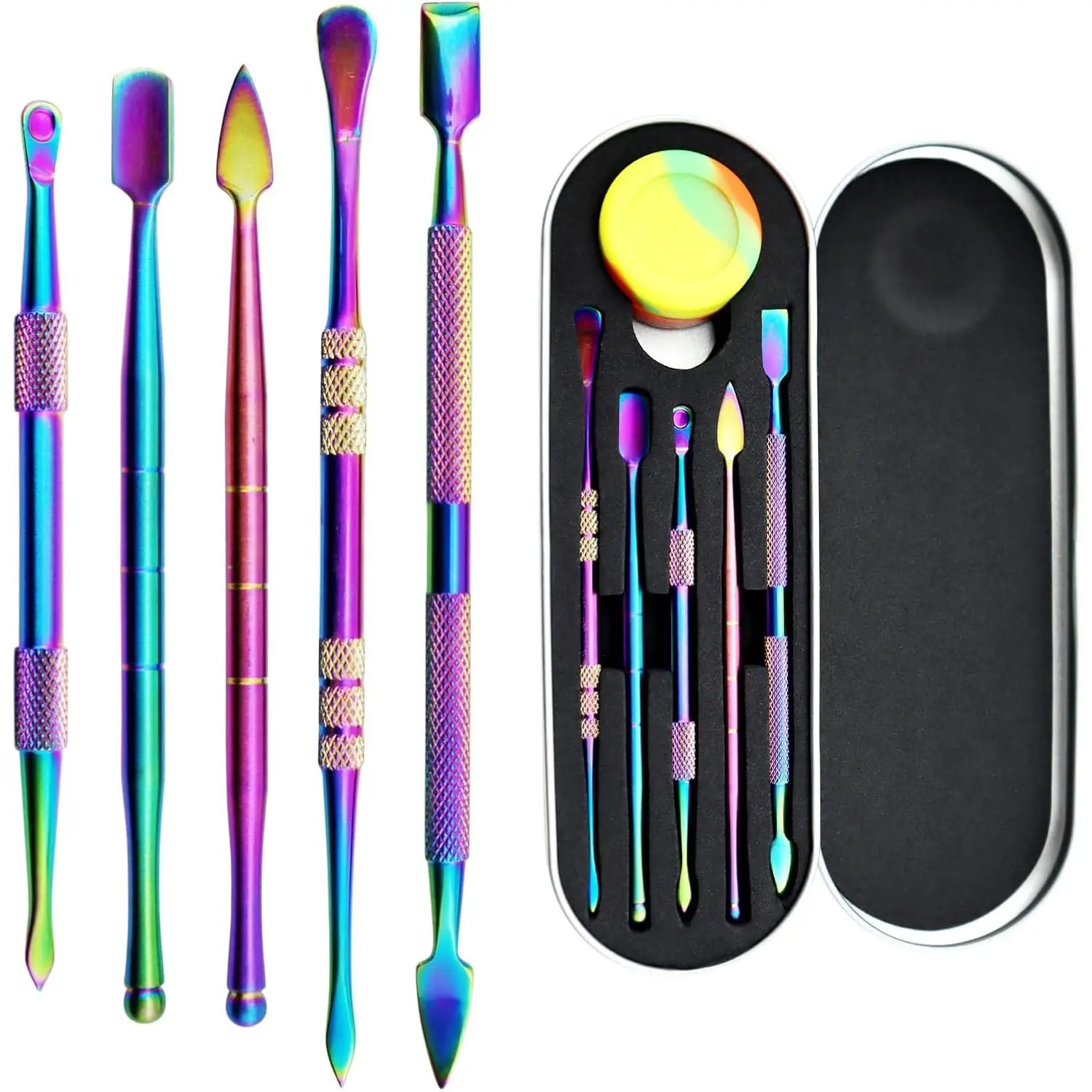 Stainless Steel Wax Carving Tool Set - 6 Count with 5 ml Container & Portable Metal Case for Wax, Clay, Pottery & Rainbow Color