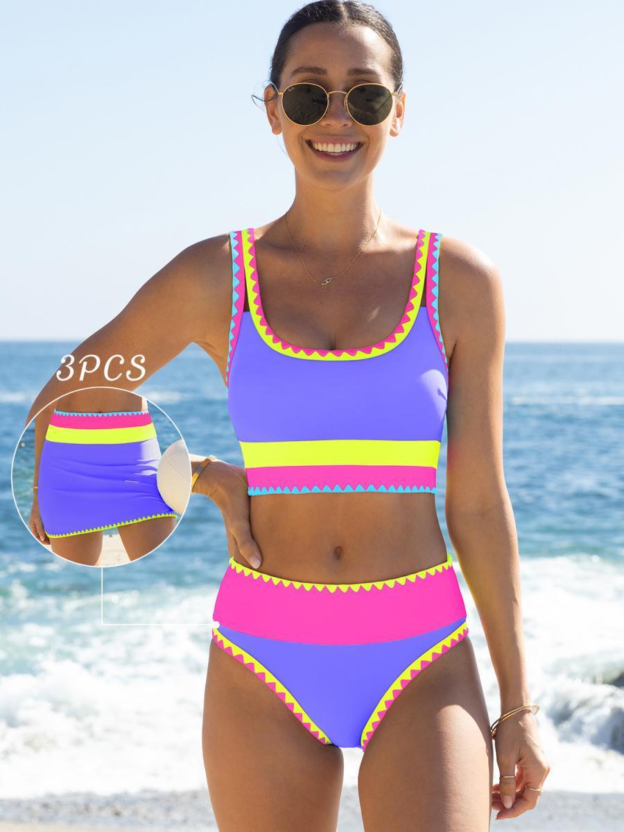 Beachball Kayaking 3 Piece Bikini Sets,Tummy Control & High Waisted Swimsuit with Adjustable Wide Shoulder Straps, Neon Color Sporty Swimsuit