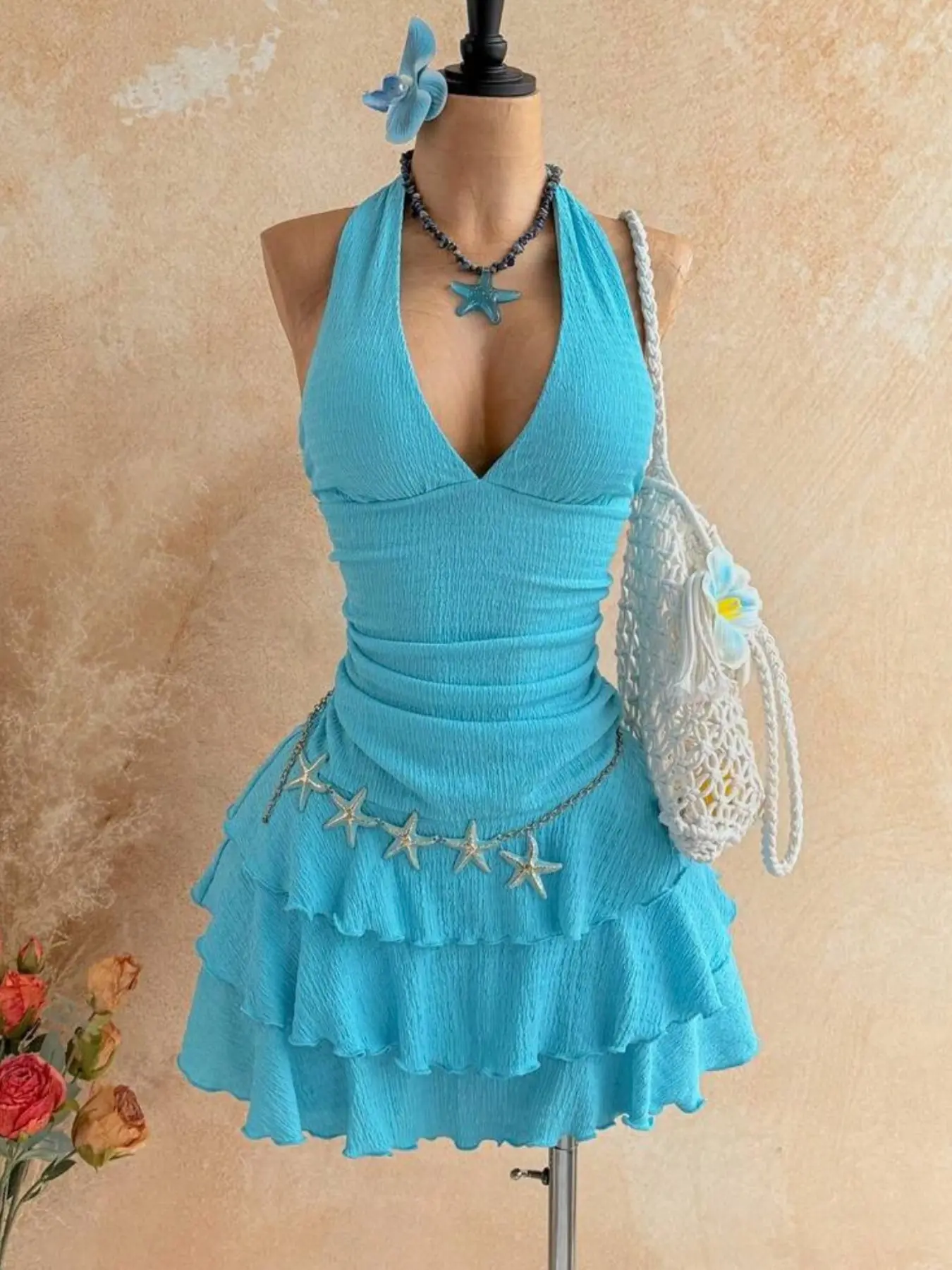 Light Blue Halter Multi-Layer Ruffle Cake Dress, Halter Slip Dress, Deep V Neck Design, Feminine, Perfect for Beach, Vacation, Music Festivals Women