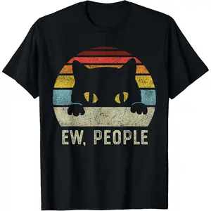 Ew People Retro Cat Funny Vintage Anti Social Introvert T-ShirtBlack Cotton T