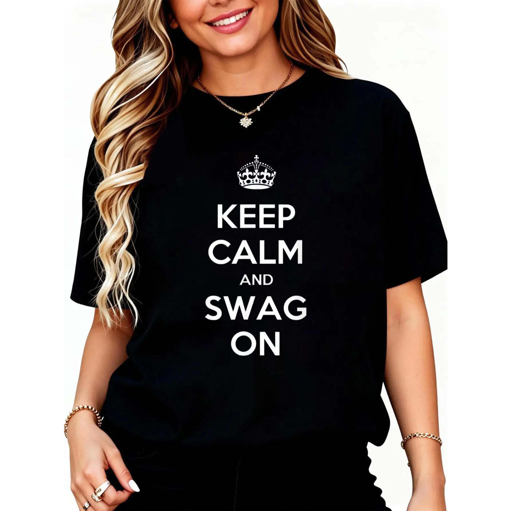 Women's Short-Sleeve Cotton Casual Graphic Round Neck "Keep Calm And Swag On" T-Shirt, Shortsleeve, Streetwear