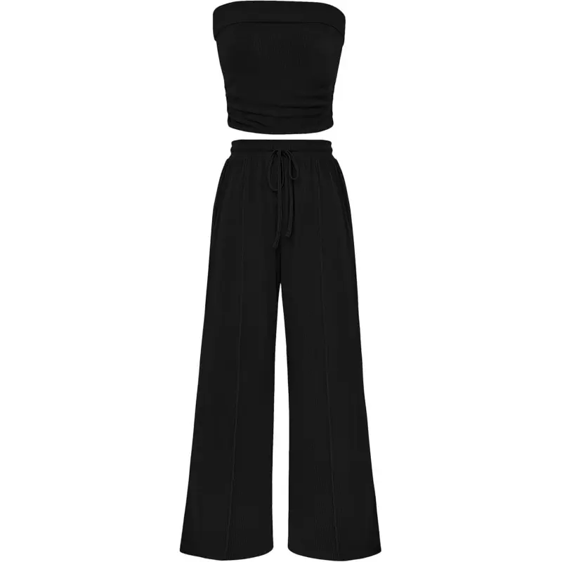 Women's 2-Piece Ribbed Knit Matching Outfit - Crop Tube Top & Wide Leg Pants, Casual Elastane-Polyester Women's Clothes for Summer, Spring Lounge Wear, Machine Washable Womenswear Wideleg # classy set