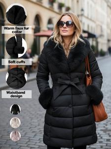 women's casual outdoor commuter jacket with faux fur collar, warm fashionable leisure wear, includes belt, fall & winter thick woven fabric