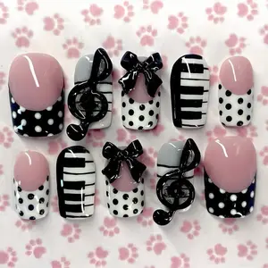 Musical Piano Press On Nails with 3D Bows & Polka Dot Coquette Art, Black White Cute Nail Set for Music Lovers