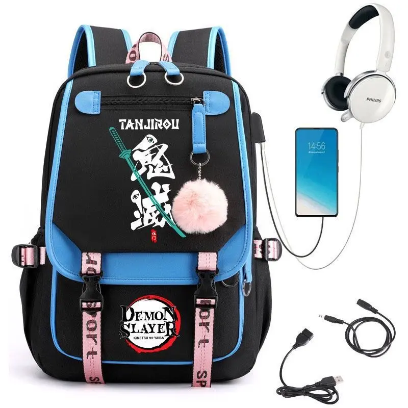 Cute Anime Character Print Backpack, USB Charging Port Headphone Jack Design Daypack, Multi Pocket Casual Travel Rucksack
