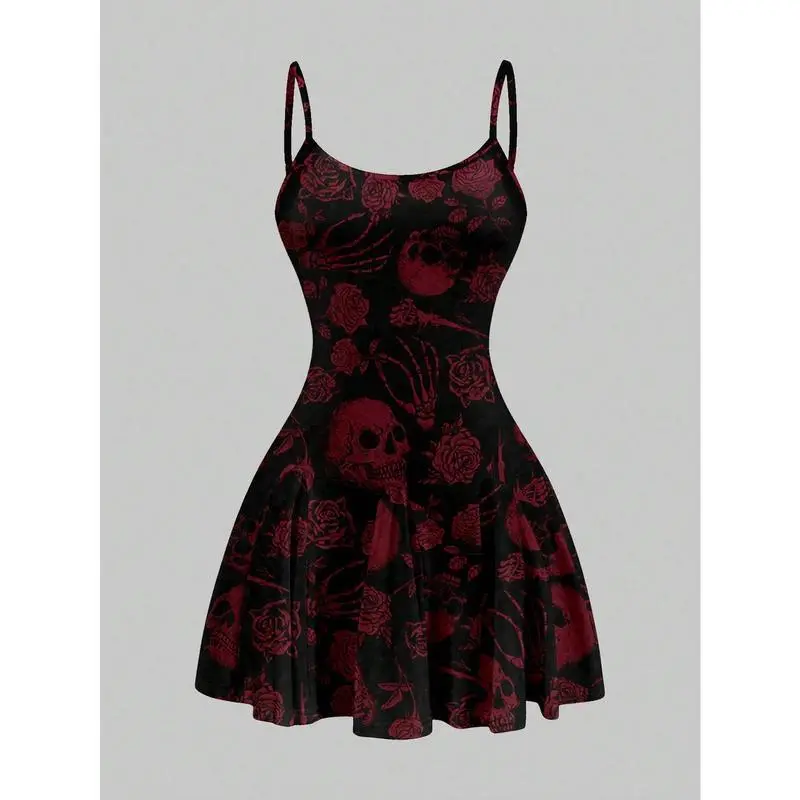 Casual Skull & Rose Pattern A-Line Mini Dress For Women, Suitable For Summer ,Summer Dresses,Sun Dress Spring Clothes Cute Dresses For Women Woman Dress  Women Dresses Women Clothing Dresses Womenswear Piece - TikTok