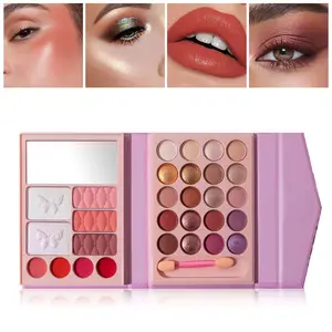Multi-functional all-in-one makeup palette: matte and shimmer eyeshadows, lipstick, blush, and contour highlighter