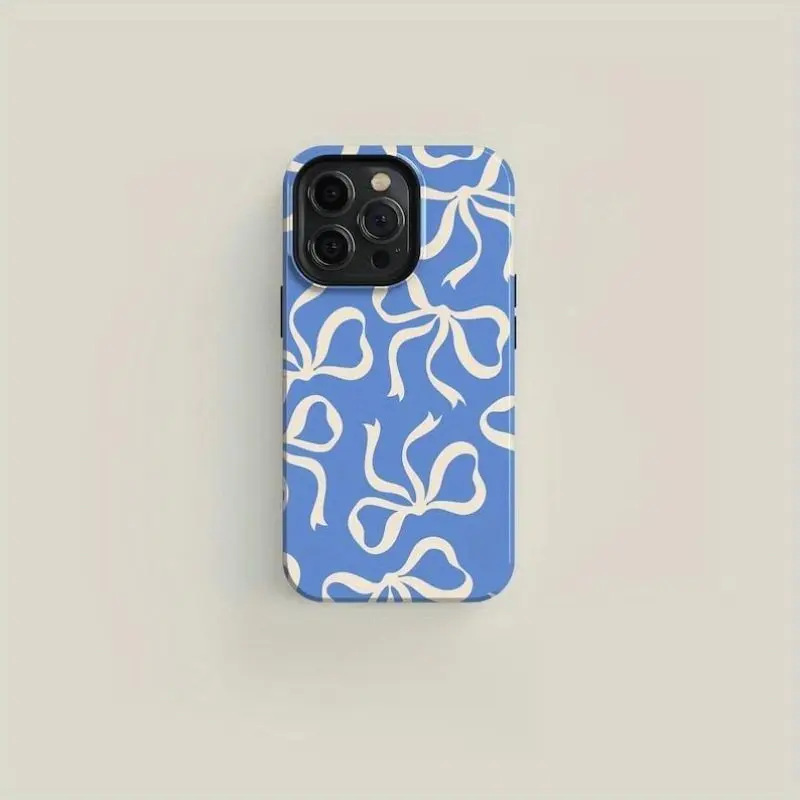 Blue & Cream Bows Tough Phone CaseCover for iphone 17 phone case 16 pro max 15 Plus 14 13 12 11 Cute, clear, military-grade, high-end, durable, shockproof, and drop-resistant 2-in-1 glossy phone case