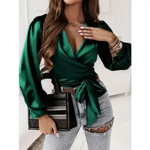 Surplice Tie Front Long Sleeve Blouse