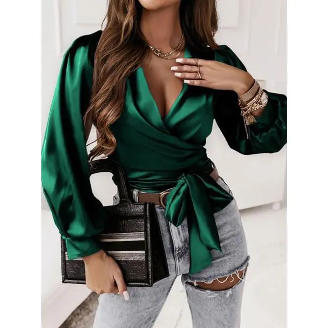 Surplice Tie Front Long Sleeve Blouse