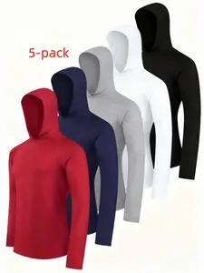 5pcs Men's Quick-Dry Hooded Long Sleeve Shirts- Moisture-Wicking, Lightweight & Breathable Ideal for Casual Wear, Hiking & Daily Workouts, Assorted Colors, Hiking Shirt   T Shirt Performance Moisture Wicking Casual Workout Sports  all seasons Wear