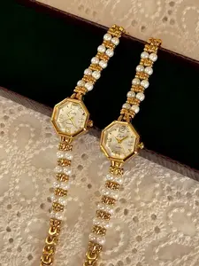1 new gold high-end French luxury fashion elegant ladies quartz watch octagonal case white dial with double-row pearl bracelet low-key elegant ladies waterproof watch suitable for daily wear decoration and parties and other occasions Exquisite Watch