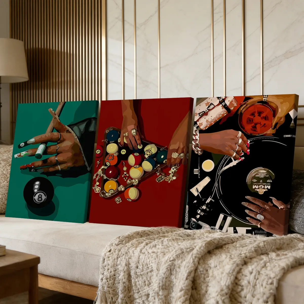 3 Counts Wooden Framed Canvas Painting, Music And Billiards Theme Art Images, Exquisite Poster, Perfect Living Room Decoration, Modern Home Decoration, Modern Art Design, Wall Art Decoration, Decorative Artwork, Waterproof Art