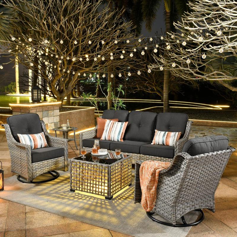 【4 Packages Shipping】Ovios 5 Pieces Outdoor Patio Furniture with 3-Seat Sofa,Rattan Wicker Coversation Set with Swivel Rocking Chair,Balcony Sofa Set with Shiny Solar Powered Coffee Table for Outside Porch Backyard PooL