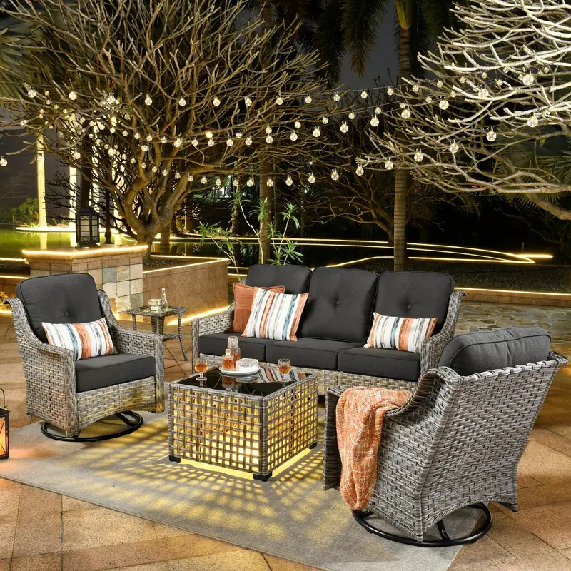 【4 Packages Shipping】Ovios 5 Pieces Outdoor Patio Furniture with 3-Seat Sofa,Rattan Wicker Coversation Set with Swivel Rocking Chair,Balcony Sofa Set with Shiny Solar Powered Coffee Table for Outside Porch Backyard PooL