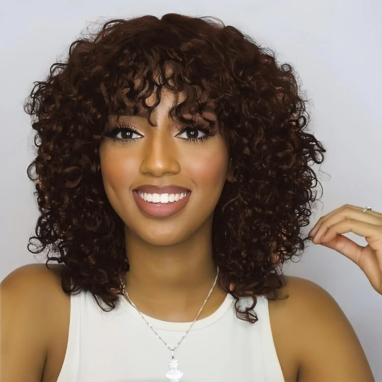 ShowReal Five Colors Wear And Go 12 Inch Short Curly 200% Density Thick Human Hair Full Machine Wig - Jerry Curly Wig with Bangs, Glueless For Woman d