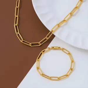Gold Plated Paperclip - Shaped Chain Jewelry Set: Necklace & Bracelet, Timeless Elegance, Trendy Looks