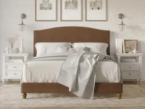 Favorer Jethro Faux Leather Upholstered Platform Bed with Nailhead Trim, PU Brown/Vintage Oak