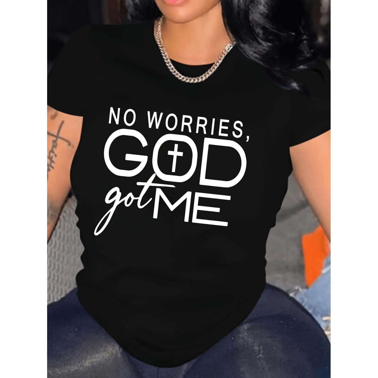 womens god got me casual short sleeve t shirt black with white lettering christian cross design medium stretch round neck machine washable for spring summer fall spring summer apparel relaxed mediumstretch fabric black -1