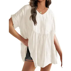 Womens V Neck Babydoll Tops Summer Short Sleeve Oversized Tshirts Casual Loose Fit Peplum Tunic Shirts