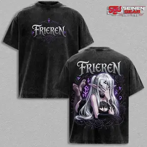 Frieren Gothic Selfie Vintage Washed Oversized T-Shirt, Beyond Journey's End Anime Graphic Tee, Dark Fantasy Elf Streetwear Heavy Cotton Unisex Shirt Gift for Anime Fans