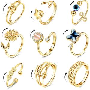 9Pcs Gold Plate Fidget Spinner Rings for Anxiety & Nail Biting Adjustable Open Ring Set Women Stress Relief Cute Jewelry Gift summerwins