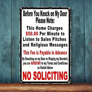 No Soliciting $50 Per Minute Funny Aluminum Metal Sign Poster - 8x12 Inch Retro Vintage Wall Art for Entryway, Porch - Humorous Anti-Soliciting Gift for Homeowners