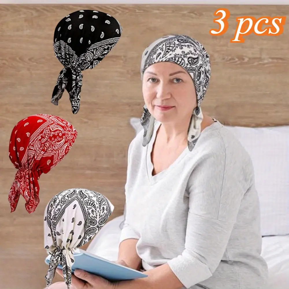 Women's 3-Pack Pre-Tied Cotton Bandana Chemo Turbans, Soft Breathable Head Wrap, Full Coverage Fashion Hair Scarves for Alopecia & Cancer Patients