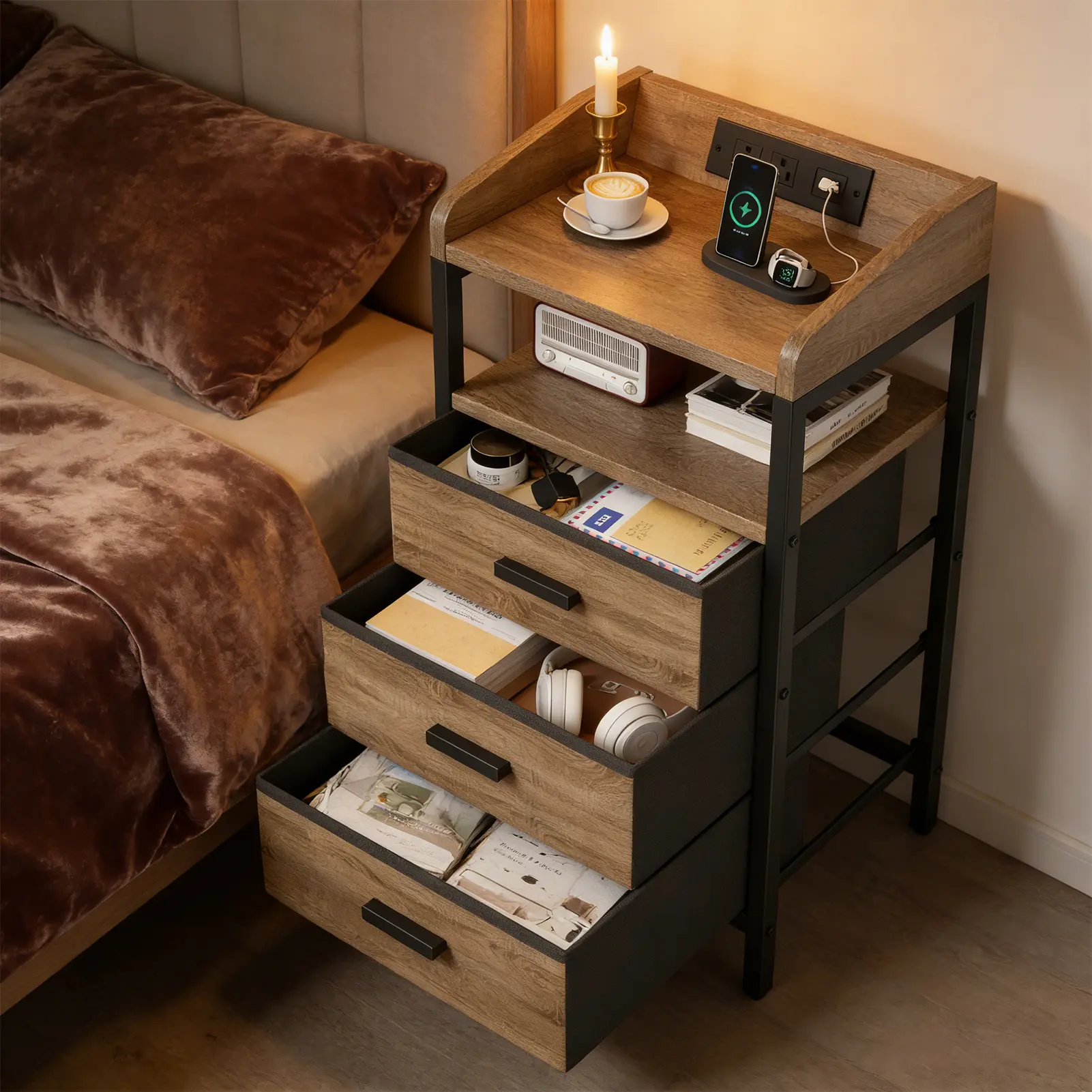 2-Pack Contemporary All-Metal Bedside Tables (Bedside Cabinets), Narrow Nightstand Set with USB Charging Station, Light, 3 Fabric Drawers, 2 USB Ports, Power Outlets, Stable Base, Easy Assembly for Bedrooms, Bedside Cabinet