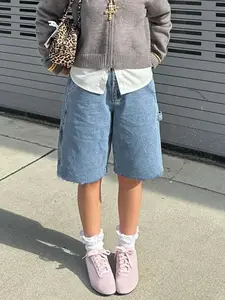 Women's Denim Mid-Thigh Pants, Womenswear Fashion Casual Daily Retro Rivet Design, Y2K Street Style, Loose-Fitting Seven-Quarter Jeans