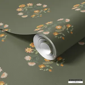 Wildflower Harvest Green Peel and Stick Wallpaper - Cottage Farmhouse Floral Design