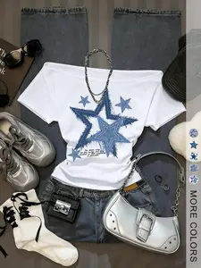 Women's Off-Shoulder Star Print Short T-Shirt, Casual Summer Fashion Top for Street Style Streetwear, Perfect for Daily Wear and Shopping