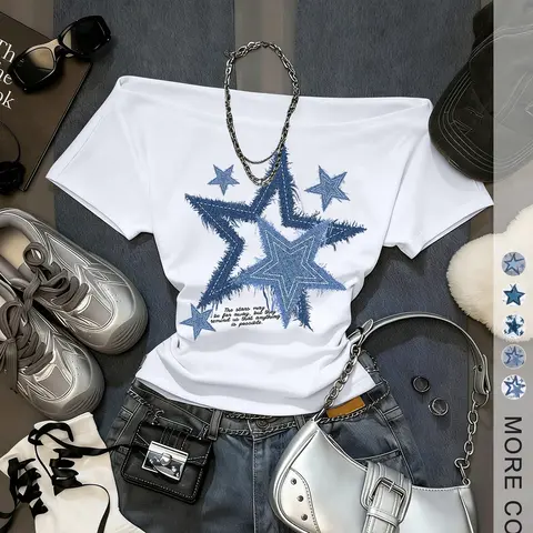 Women's Off-Shoulder Star Print Short T-Shirt, Casual Stylish Tee, Womenswear Casual Fit Chic Summer Fashion Top for Street Style Streetwear, Perfect for Everyday Daily Wear and Shopping