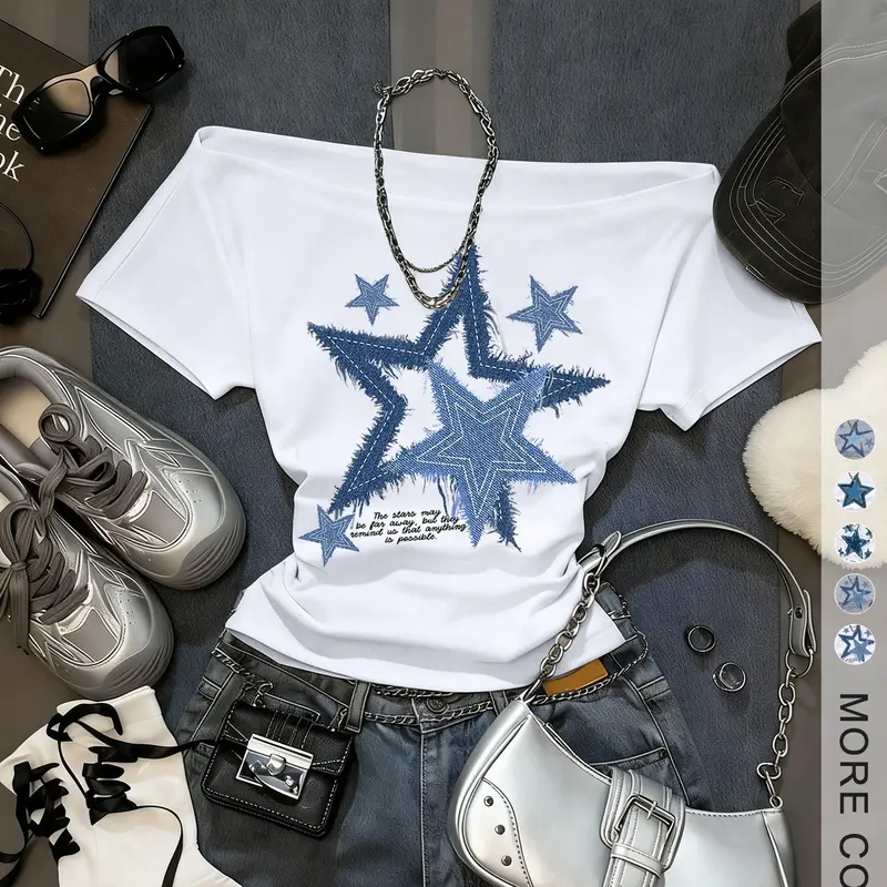 Women's Off-Shoulder Star Print Short T-Shirt, Casual Stylish Tee, Womenswear Casual Fit Chic Summer Fashion Top for Street Style Streetwear, Perfect for Everyday Daily Wear and Shopping